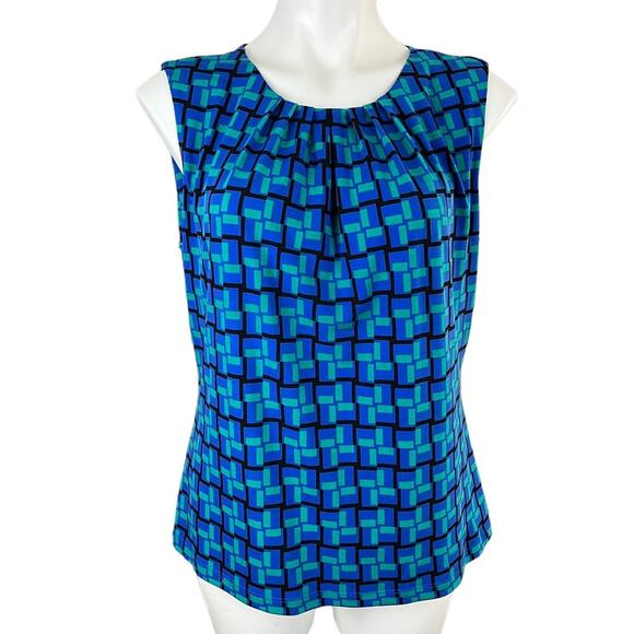 Calvin Klein blue green geometric sleeveless blouse large - Picture 1 of 8